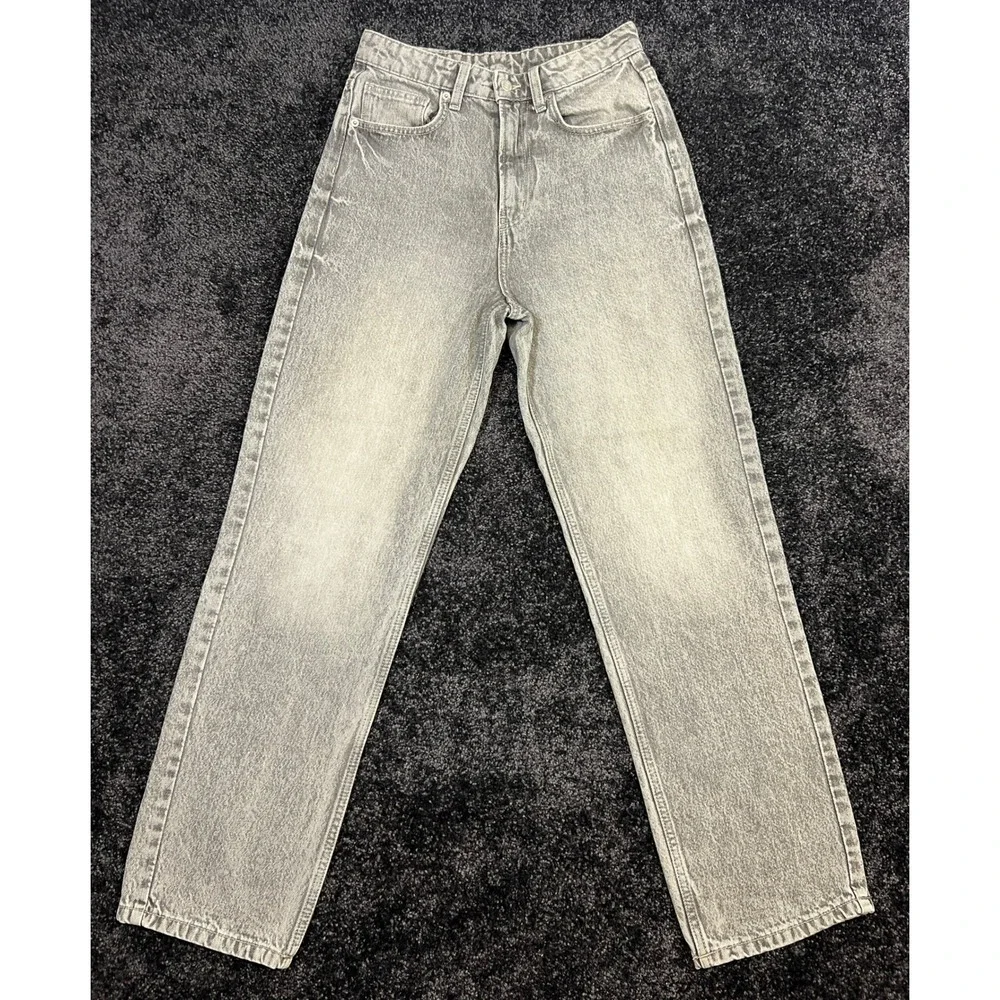 & Denim H&M 90s Straight Leg Ultra High Waist Jeans Size‎ 6 Gray Denim Acid Wash
